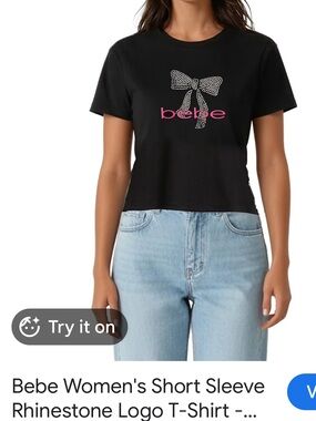 bebe Black Short Sleeve Tee with Rhinestone Bow and Pink Logo